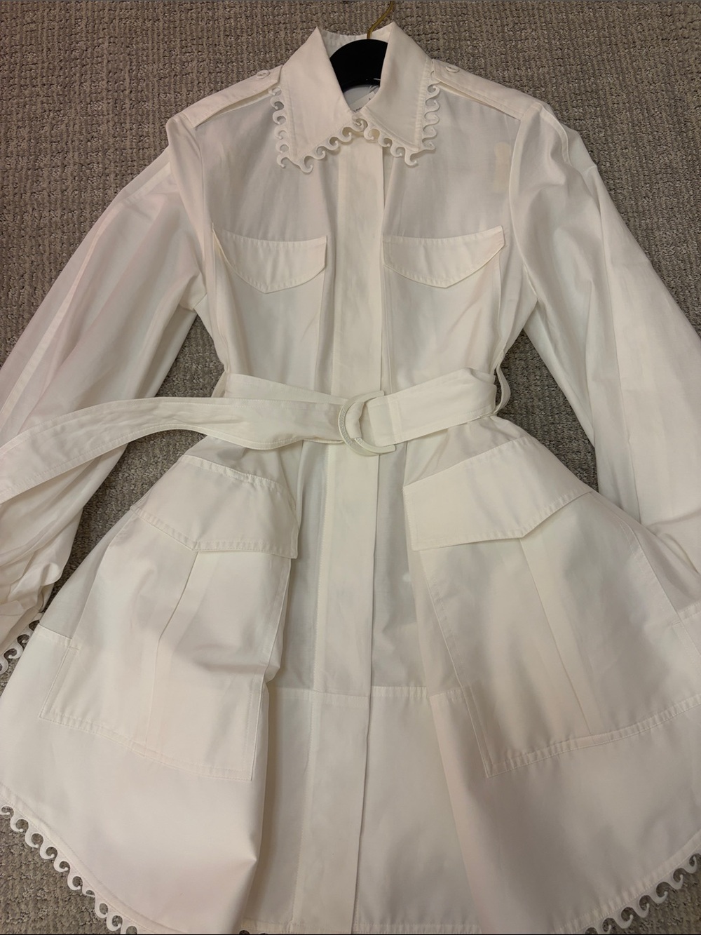 Zimmermann White Long Sleeve Belted Shirt Dress with Scallop Trim